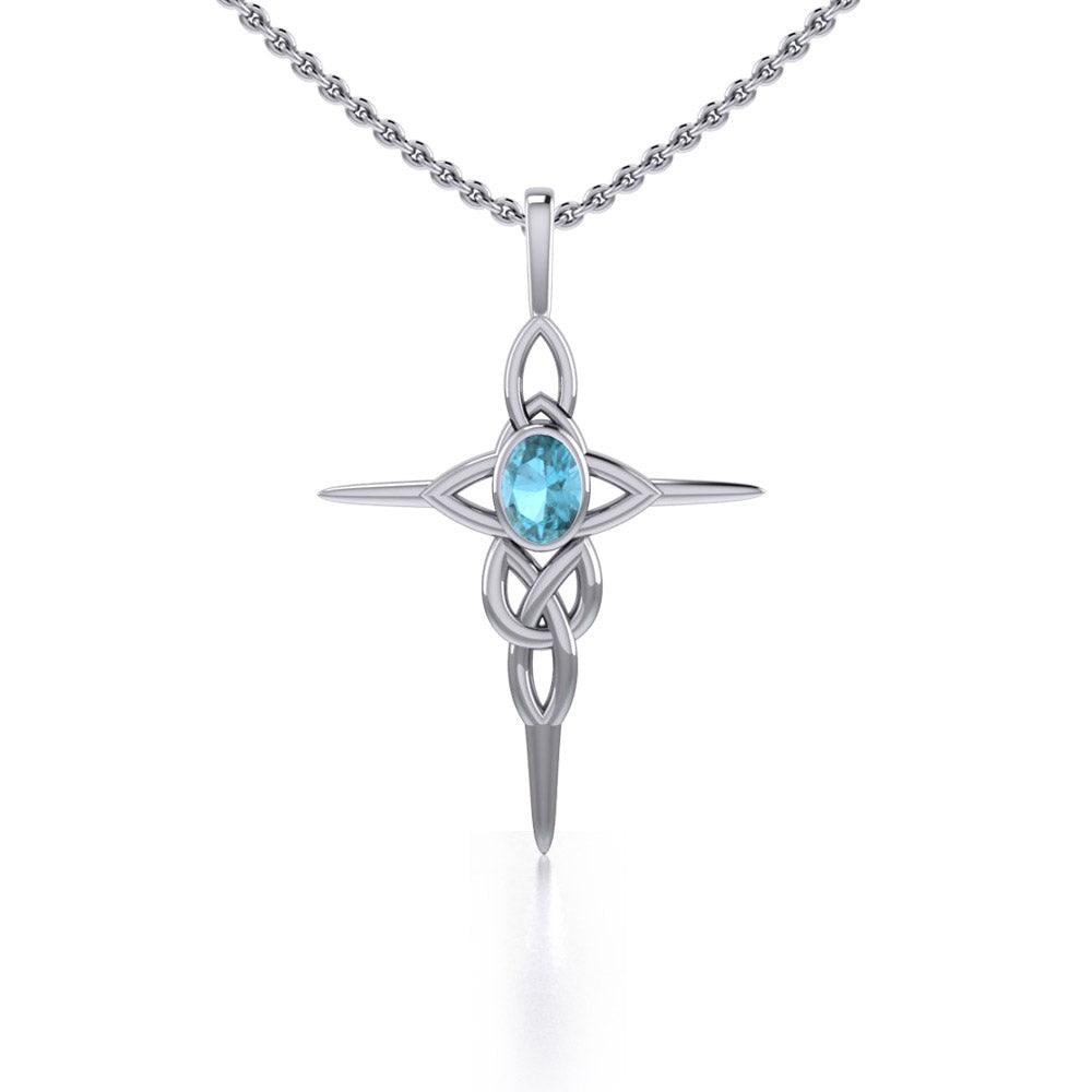 Celtic Knotwork Cross Sterling Silver Pendant with Gemstone and Chain Set TSE722
