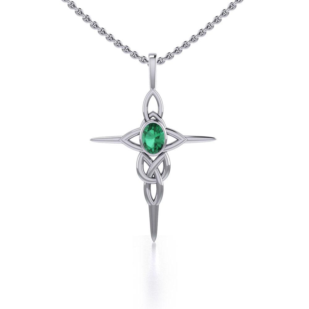 Celtic Knotwork Cross Sterling Silver Pendant with Gemstone and Chain Set TSE722