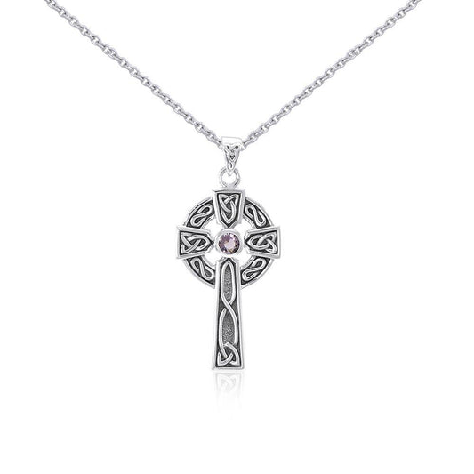 Large Silver Celtic Cross Gemstone Pendant and Chain Set TSE752