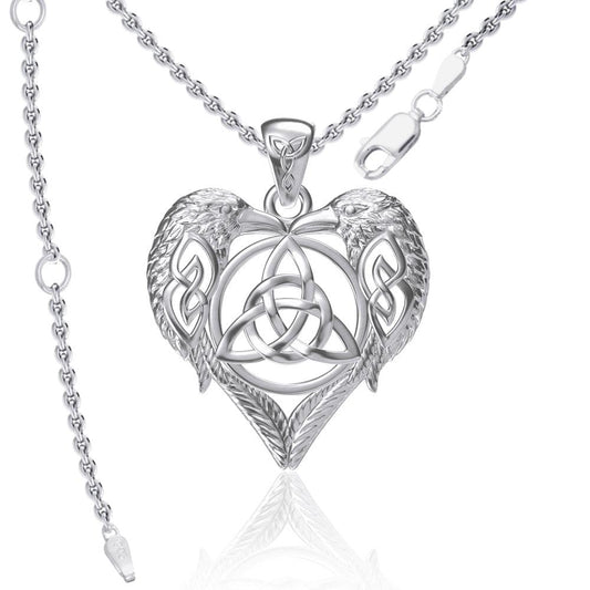 Ravens Crows with Celtic Triquetra in Heart Sterling Silver Pendant TPD5213
