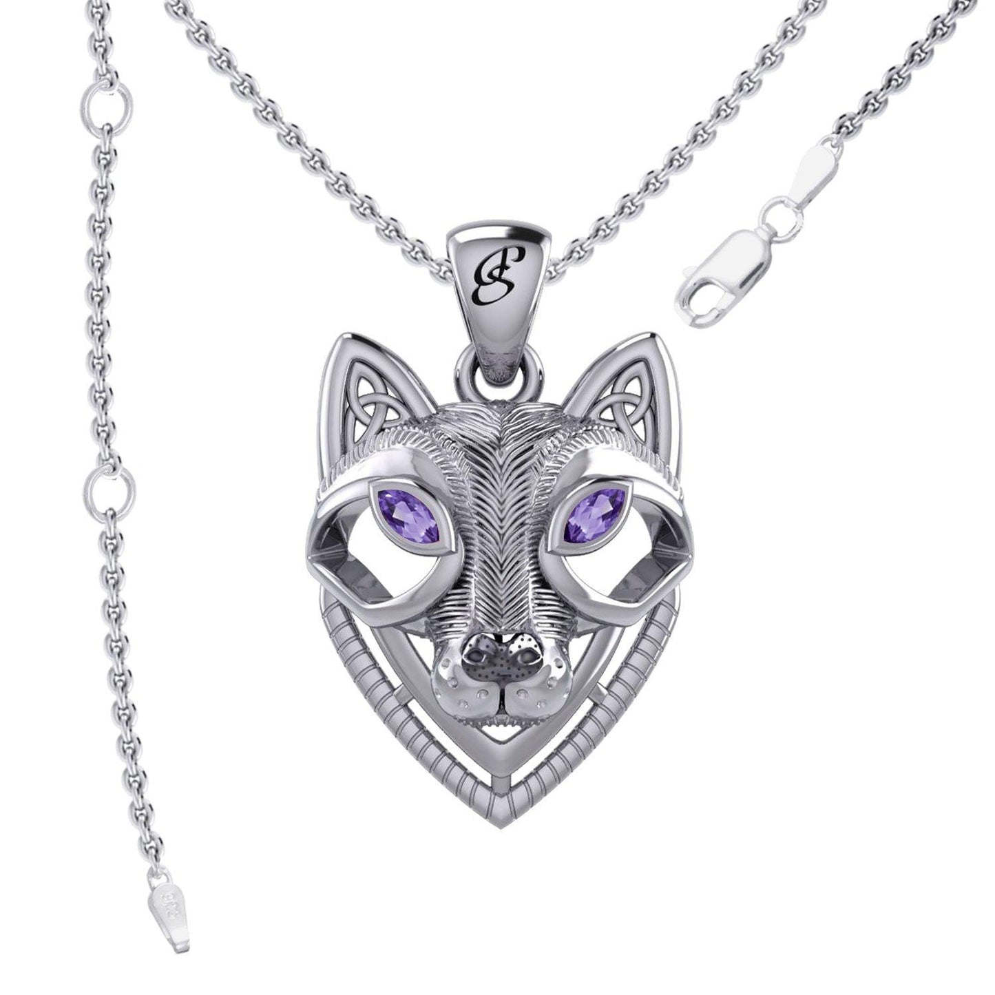 Celtic Wolf Spirit with Meaningful Gemstone Sterling Silver Pendant – Mystical Symbol of Spiritual Connection and Strength by Peter Stone Jewelry TPD6213