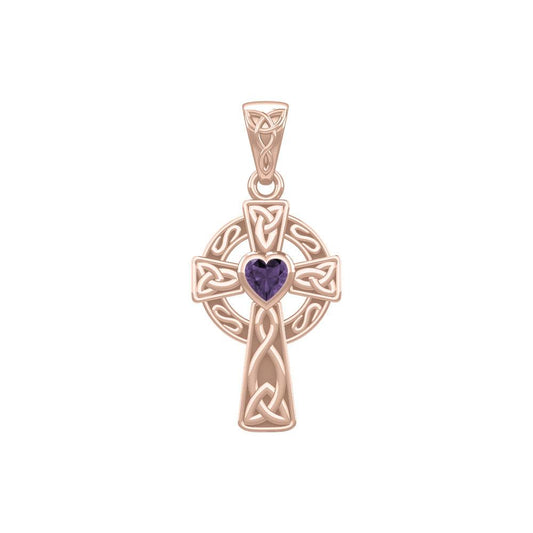 Celtic Cross Rose Gold Pendant with Heart Gemstone UPD5337
