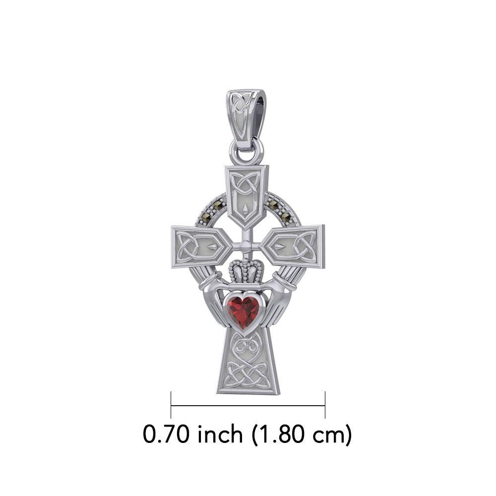 Celtic Cross and Irish Claddagh 14K White Gold Pendant with Heart Gemstone WPD5340
