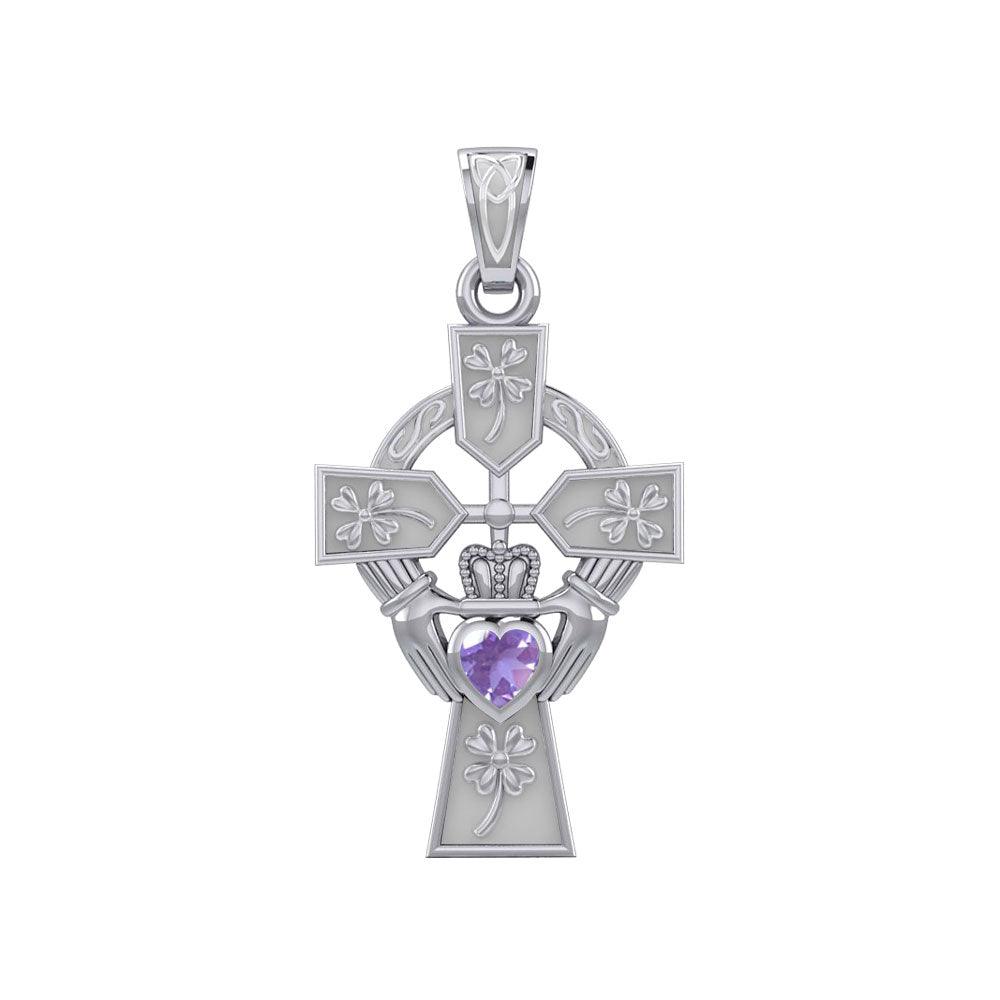 Claddagh Celtic Cross with Lucky Four Leaf Clover 14K White Gold Pendant WPD5359