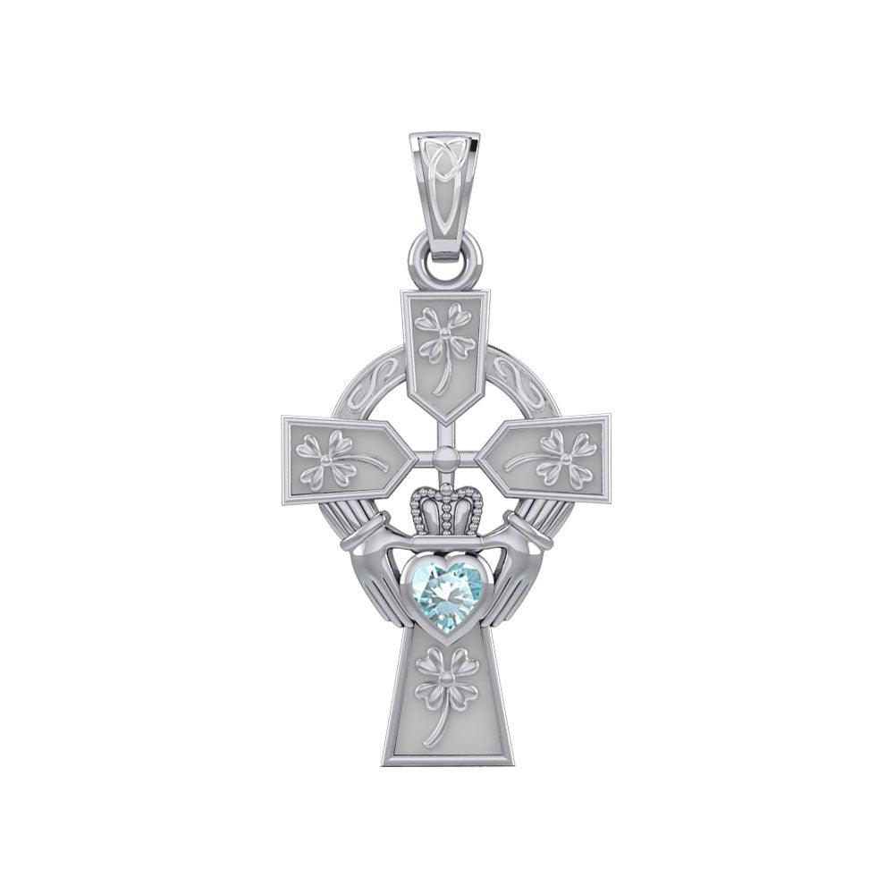 Claddagh Celtic Cross with Lucky Four Leaf Clover 14K White Gold Pendant WPD5359