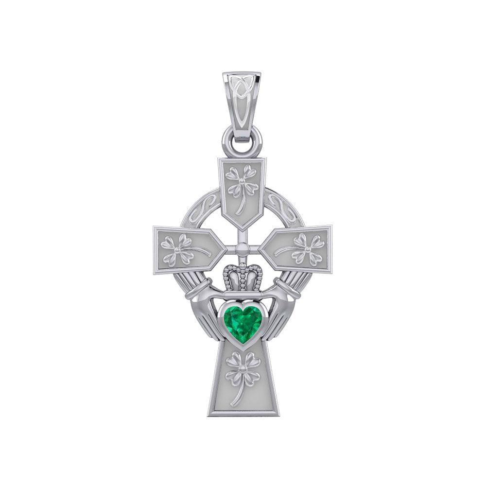 Claddagh Celtic Cross with Lucky Four Leaf Clover 14K White Gold Pendant WPD5359