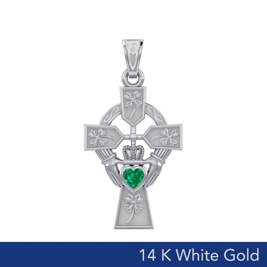 Claddagh Celtic Cross with Lucky Four Leaf Clover 14K White Gold Pendant WPD5359