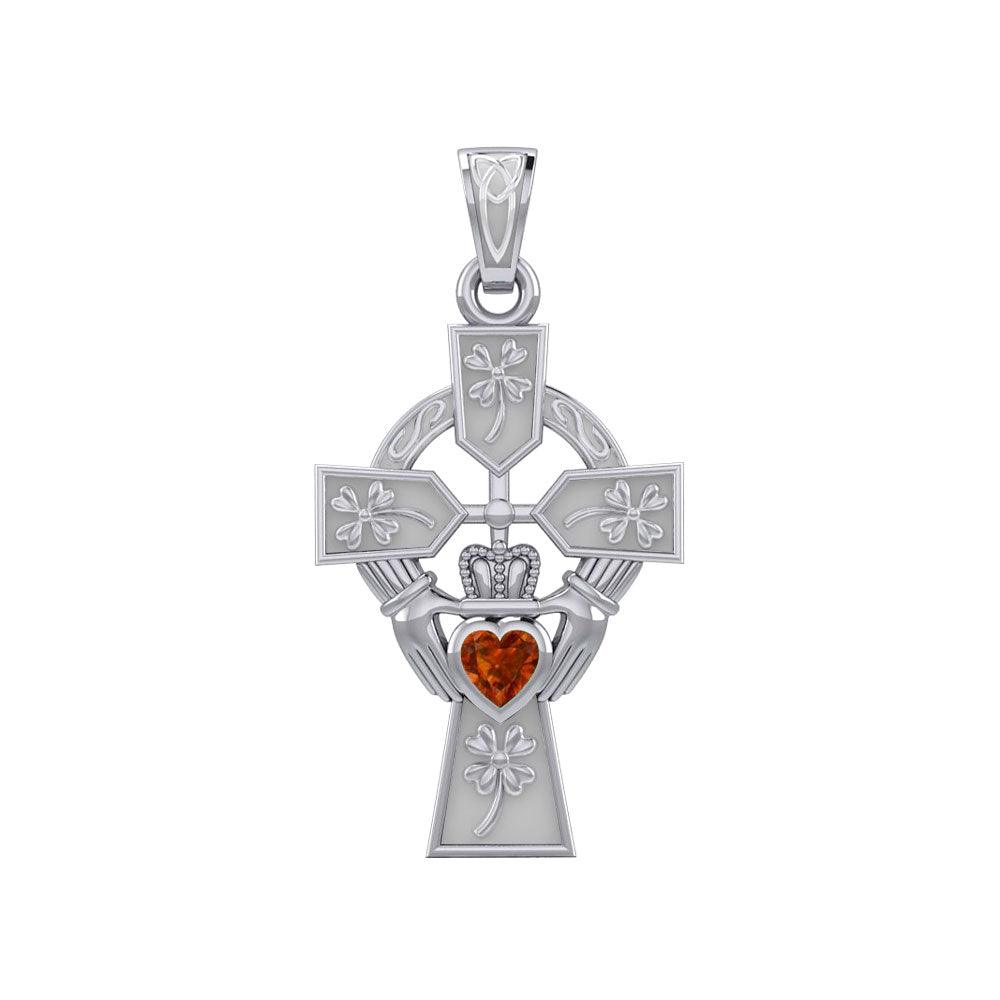 Claddagh Celtic Cross with Lucky Four Leaf Clover 14K White Gold Pendant WPD5359
