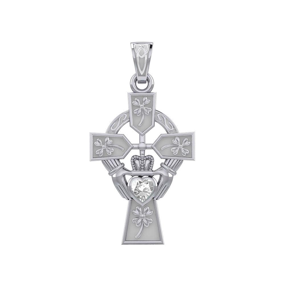 Claddagh Celtic Cross with Lucky Four Leaf Clover 14K White Gold Pendant WPD5359