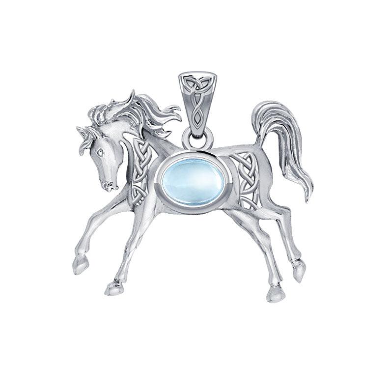 Celtic Running Horse 14K White Gold Pendant with Gem WPD5730