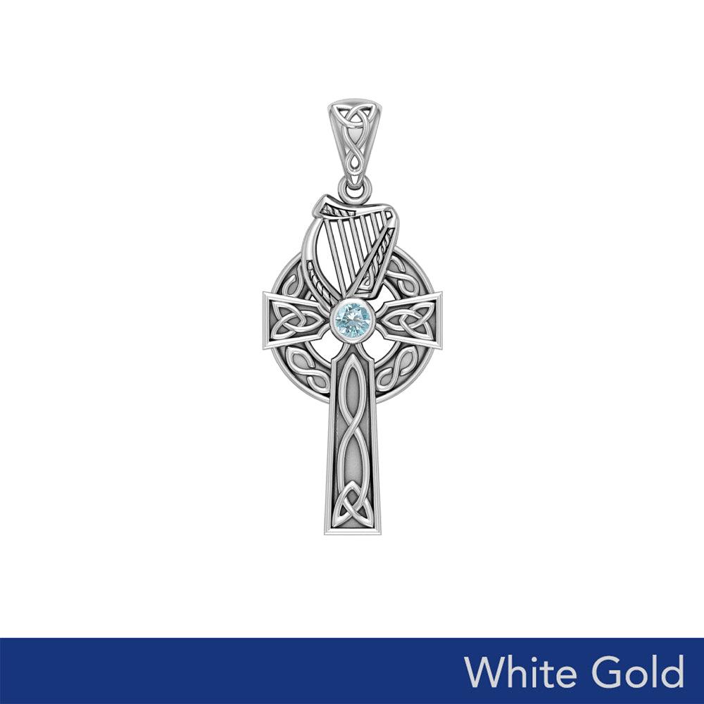 Celtic Knotwork Solid White Gold Cross with Harp Pendant WPD5865
