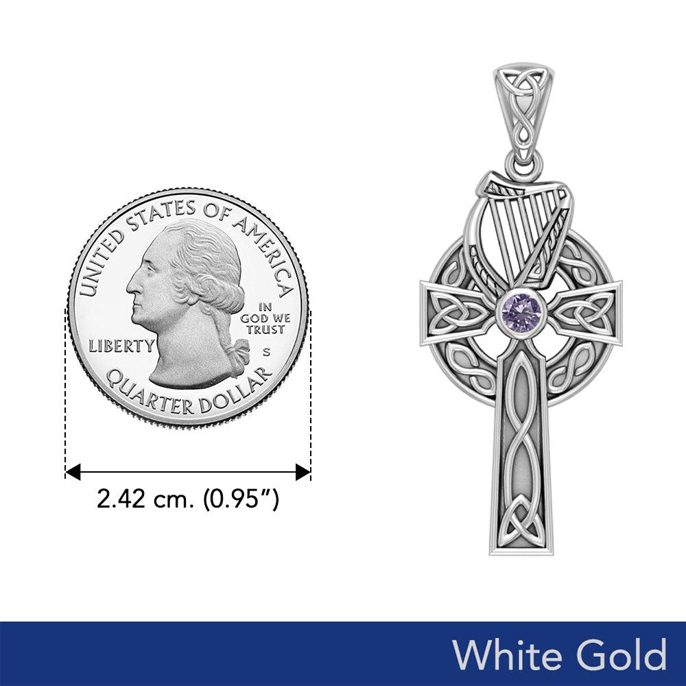 Celtic Knotwork Solid White Gold Cross with Harp Pendant WPD5865
