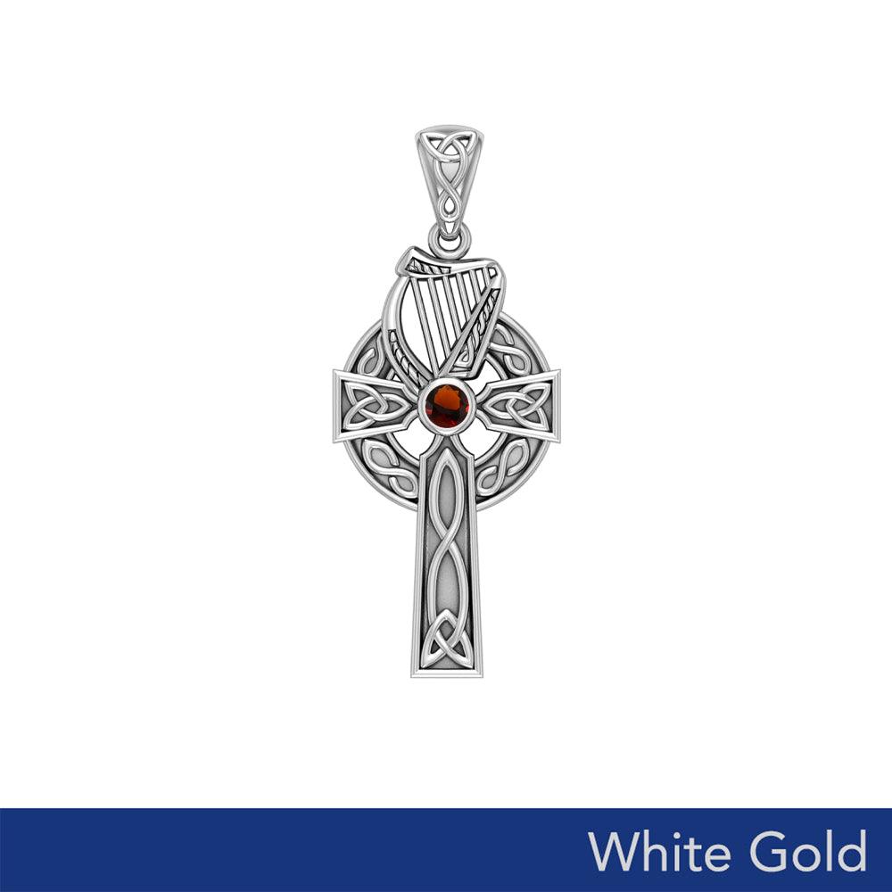 Celtic Knotwork Solid White Gold Cross with Harp Pendant WPD5865