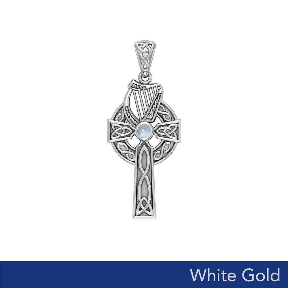 Celtic Knotwork Solid White Gold Cross with Harp Pendant WPD5865
