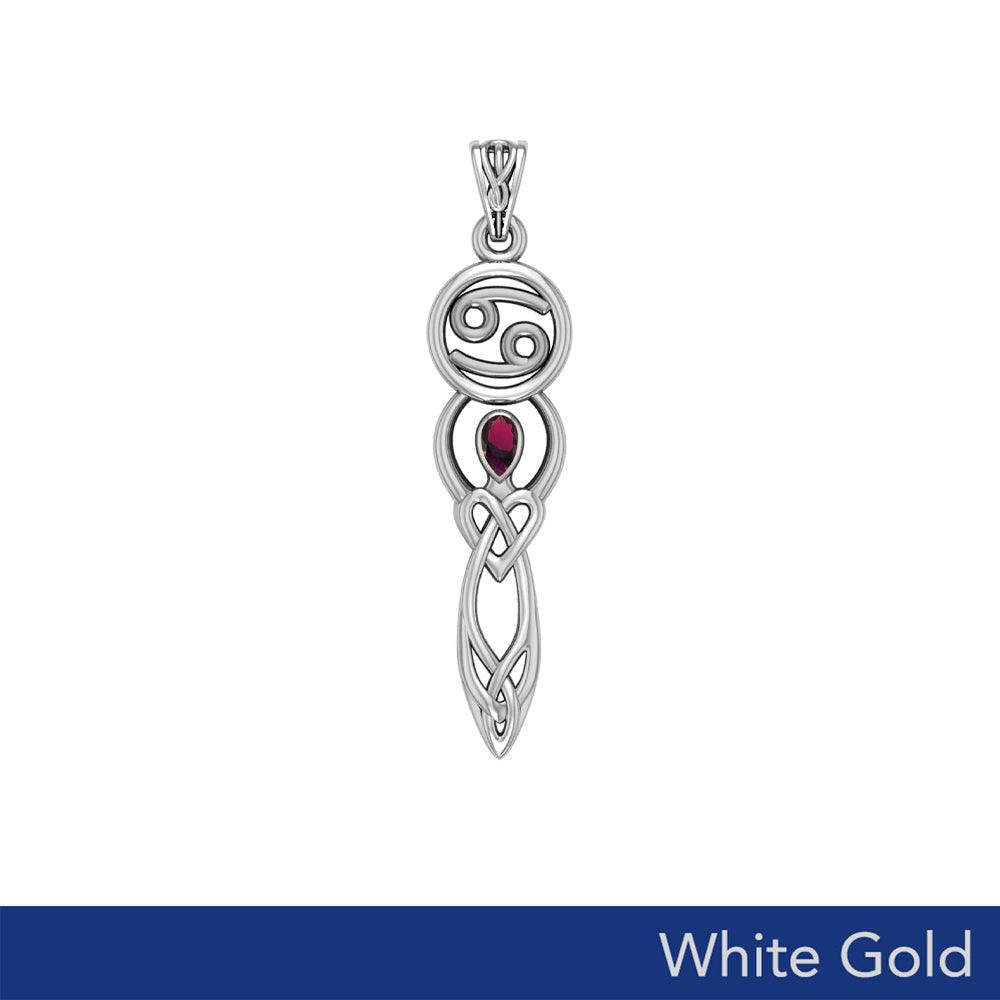 Celtic Goddess Cancer Astrology Zodiac Sign Solid White Gold Pendant with Ruby WPD5938
