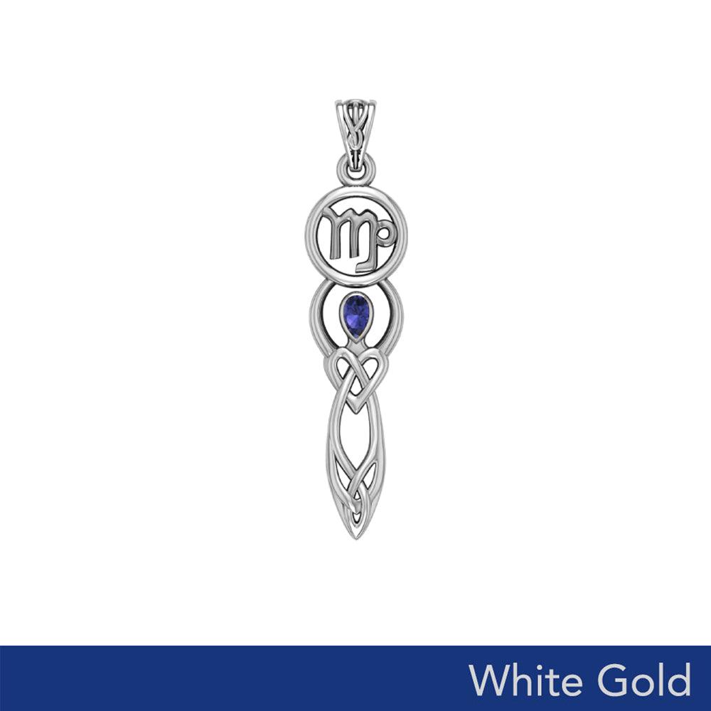 Celtic Goddess Virgo Astrology Zodiac Solid White Gold Accents Pendant with Sapphire WPD5940