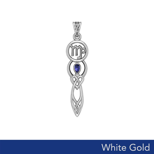 Celtic Goddess Virgo Astrology Zodiac Solid White Gold Accents Pendant with Sapphire WPD5940
