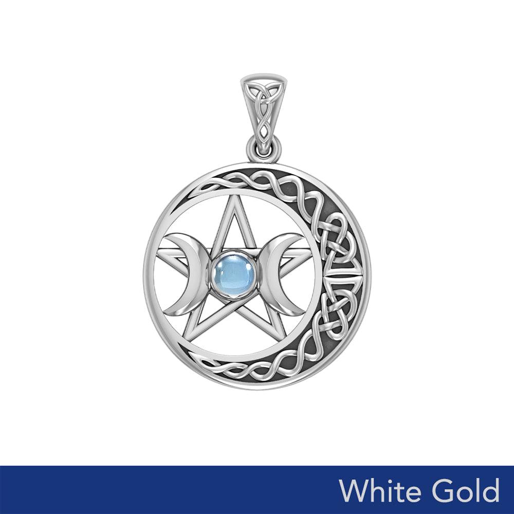 Triple Goddess and Celtic Crescent Moon Solid White Gold Pendant with Gemstone WPD5972
