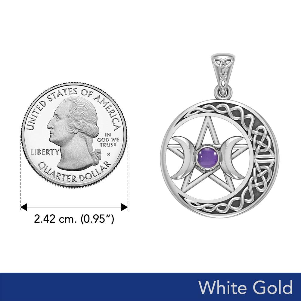 Triple Goddess and Celtic Crescent Moon Solid White Gold Pendant with Gemstone WPD5972