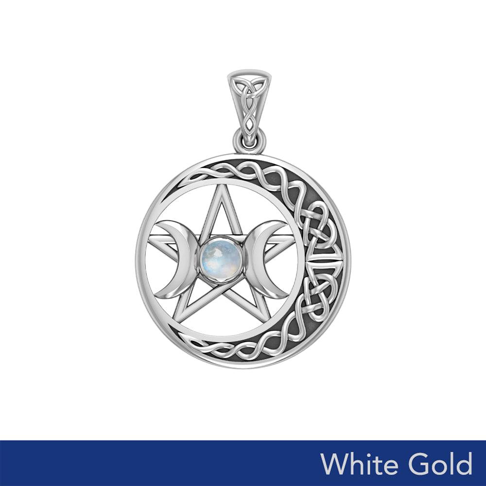 Triple Goddess and Celtic Crescent Moon Solid White Gold Pendant with Gemstone WPD5972