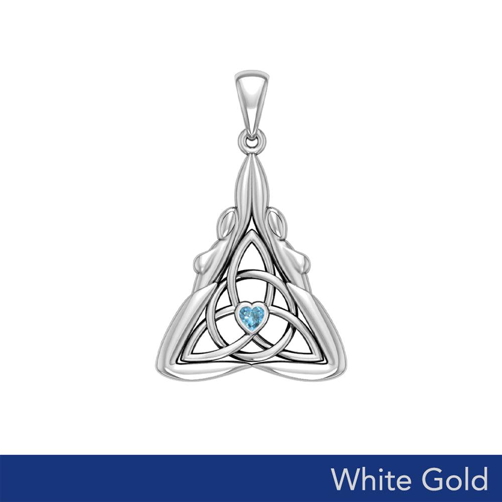 Double Goddess with Celtic Triquetra Solid White Gold Pendant with Gemstone WPD5989