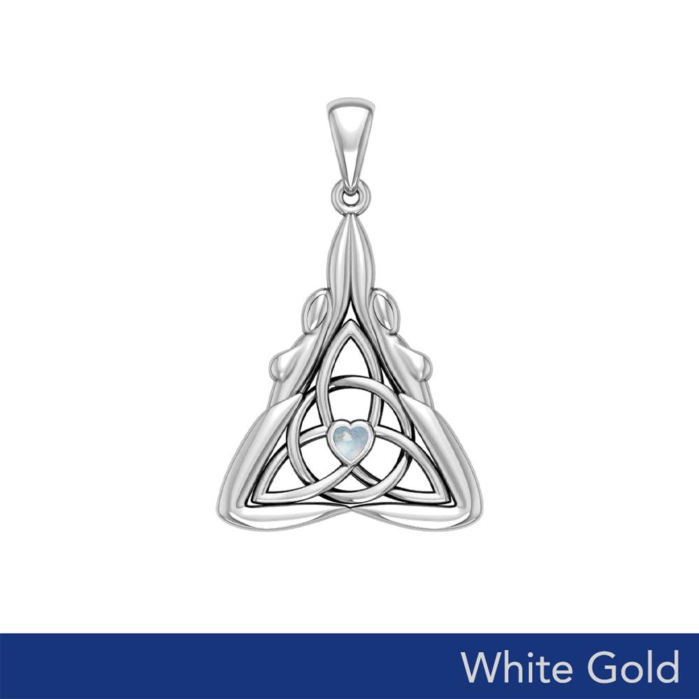 Double Goddess with Celtic Triquetra Solid White Gold Pendant with Gemstone WPD5989