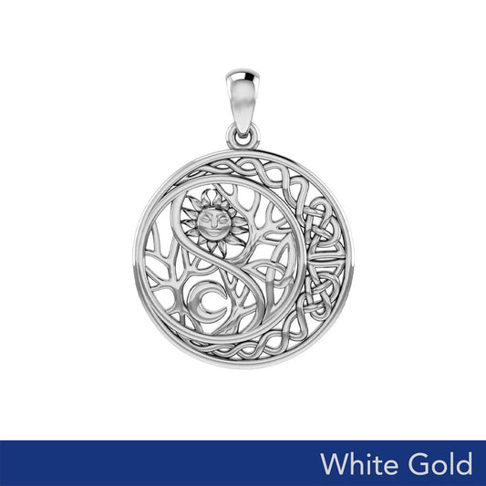 The Yin Yang Tree of Life on Celtic Crescent Moon Solid White Gold Pendant WPD6060