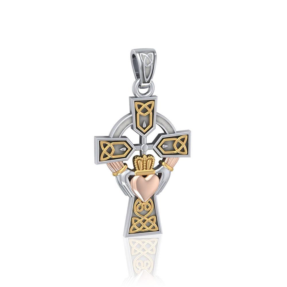 Celtic Cross and Irish Claddagh Three Tone Pendant OTP1704