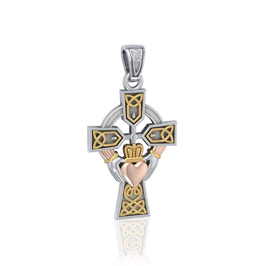 Celtic Cross and Irish Claddagh Three Tone Pendant OTP1704