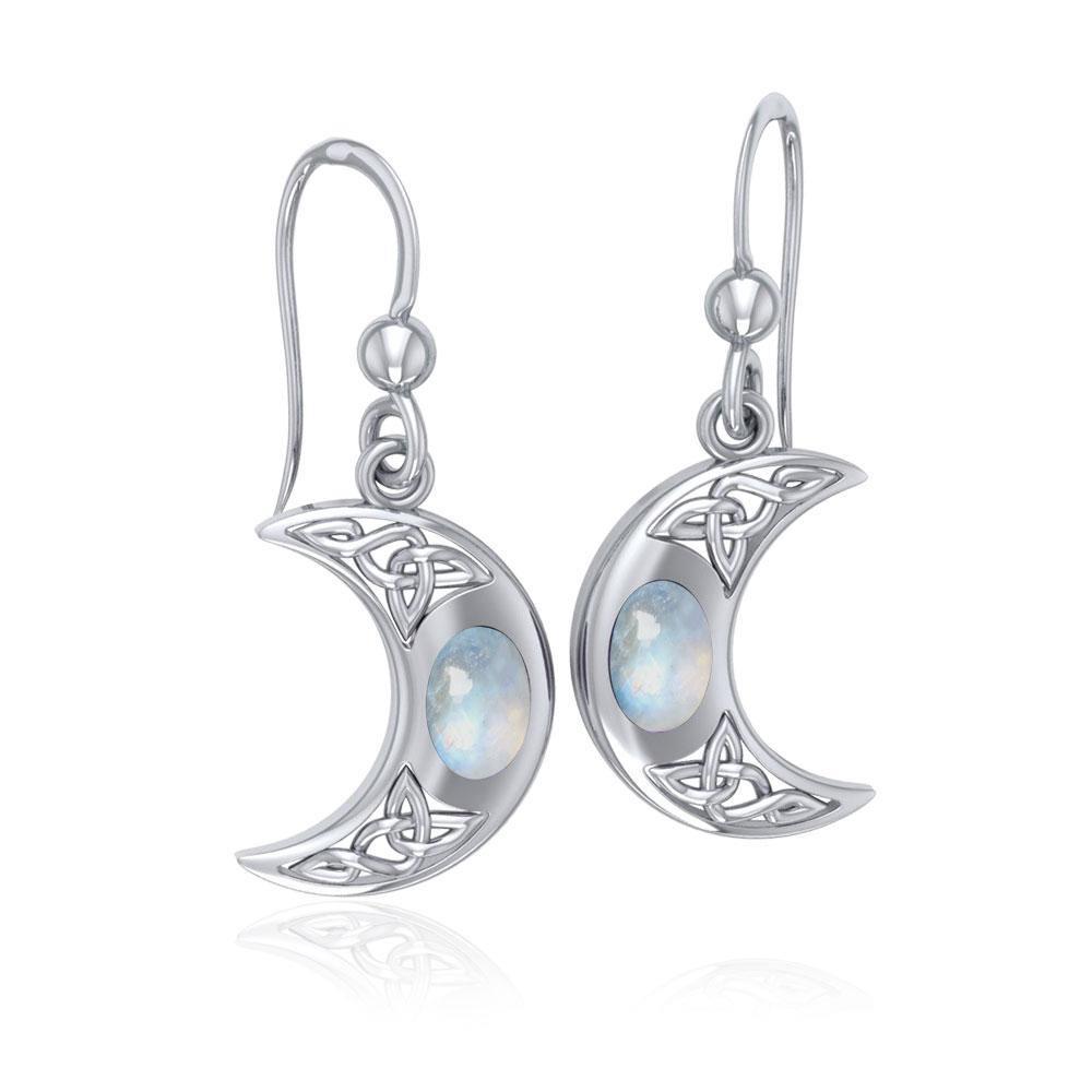 Celtic Knotwork Crescent Moon Sterling Silver Hook Earrings with Gemstone TER147