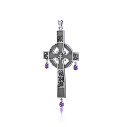 Medieval Celtic Cross Silver Pendant with Gemstones TP3257