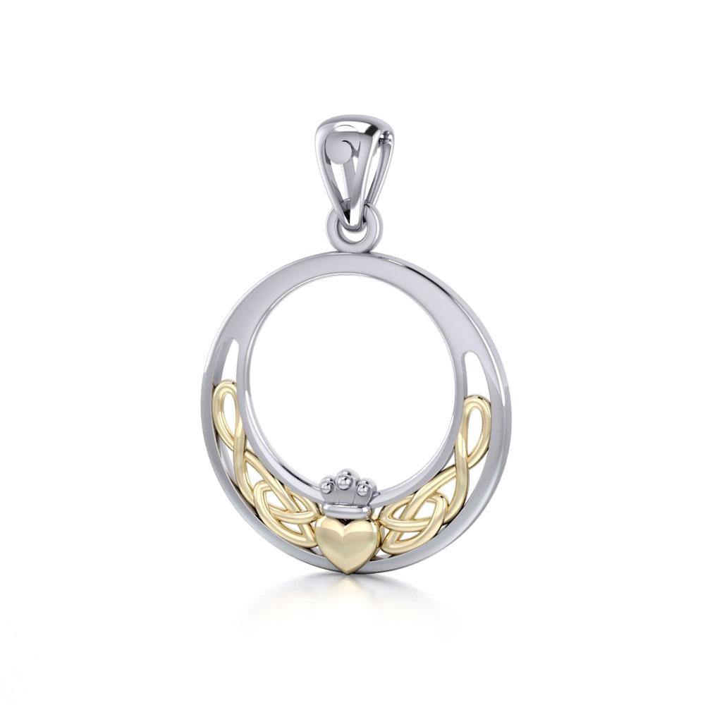 Celtic Claddagh & Celtic Knotwork Silver and 14K Gold accent Pendant TPV1442