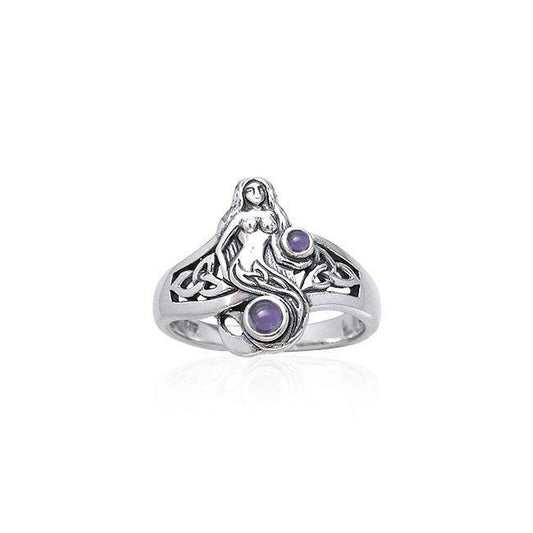 Celtic Mermaid Silver Ring With Gemstone TRI045