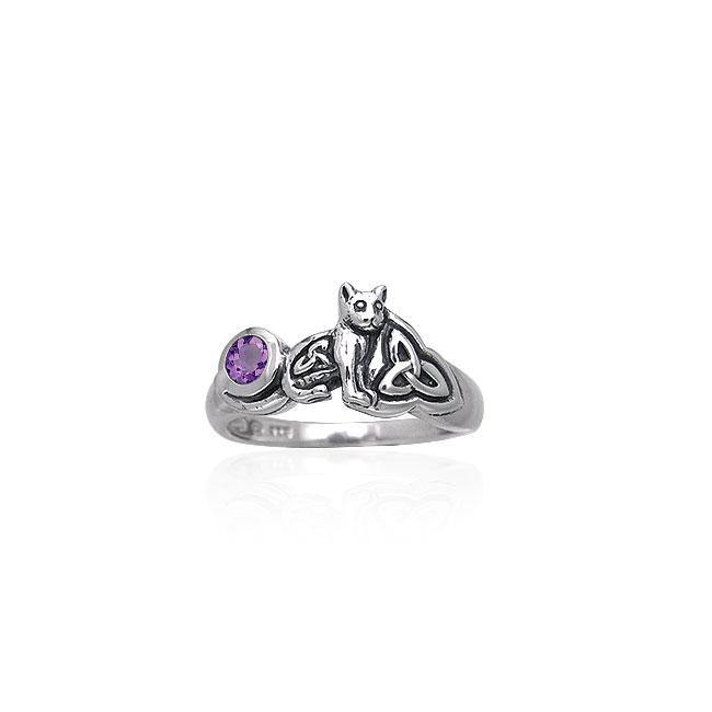 Our revered companion ~ Sterling Silver Jewelry Celtic Cat Ring with Gemstone TRI142