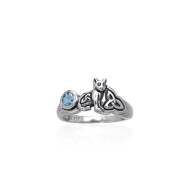 Our revered companion ~ Sterling Silver Jewelry Celtic Cat Ring with Gemstone TRI142