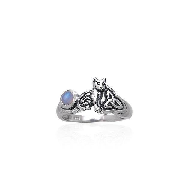 Our revered companion ~ Sterling Silver Jewelry Celtic Cat Ring with Gemstone TRI142