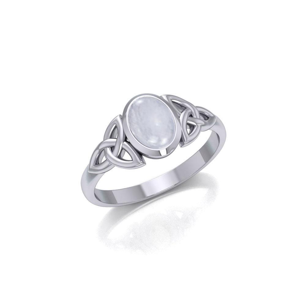 Celtic Triquetra with High Grade Rainbow Moonstone Gemstone Silver Ring TMD351